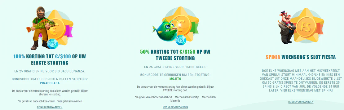 Bonussen en promoties van Spinia Casino met 100% bonus op de eerste storting, 50% bonus op de tweede storting en gratis spins tijdens de woensdagactie