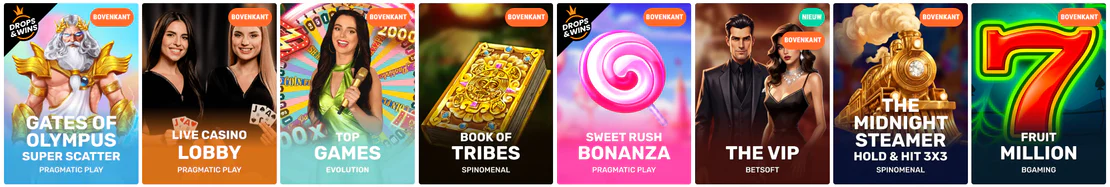 Populaire spellen van Spinia Casino met Gates of Olympus Super Scatter, Live Casino Lobby, Top Games, Book of Tribes, Sweet Rush Bonanza, The VIP, The Midnight Steamer en Fruit Million